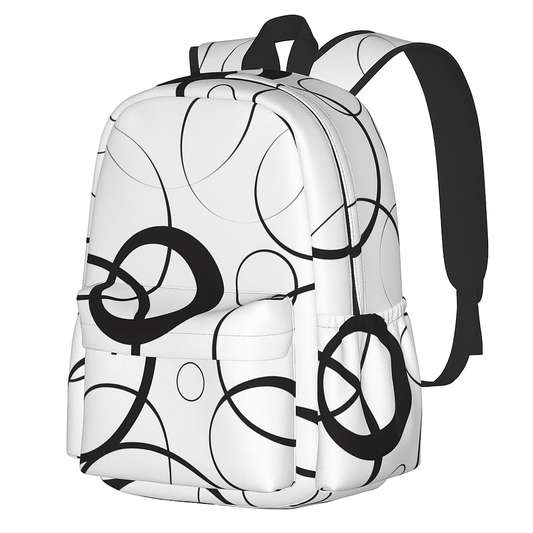 White backpack with black abstract patterns on a white background