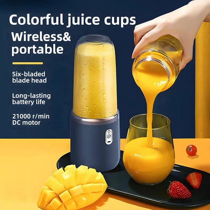Portable blender with colorful juice cups, mango, and berries on a yellow background