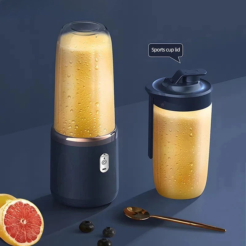 Portable blender with a sports cup lid on a dark background