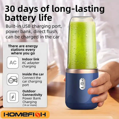 Blue and green portable blender with charging options on a white background