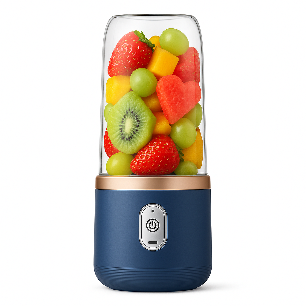 Blue portable blender with a clear lid filled with colorful fruits on a white background