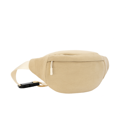 Beige ribbed waist bag on a white background