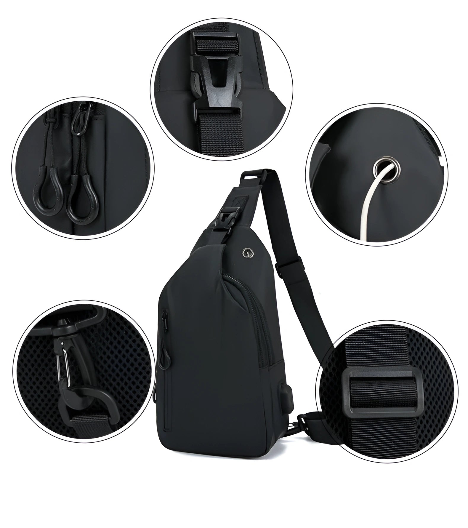 Black sling bag with close-up details on a white background