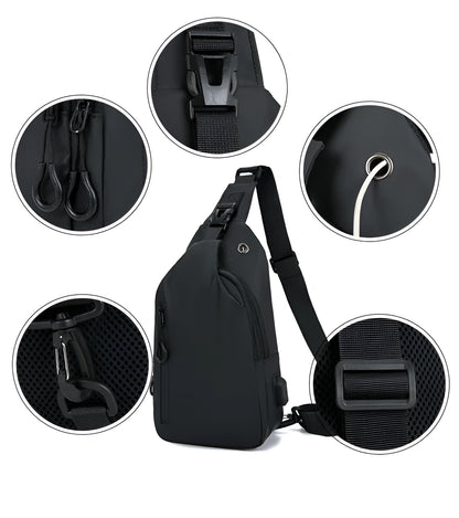 Black sling bag with close-up details on a white background