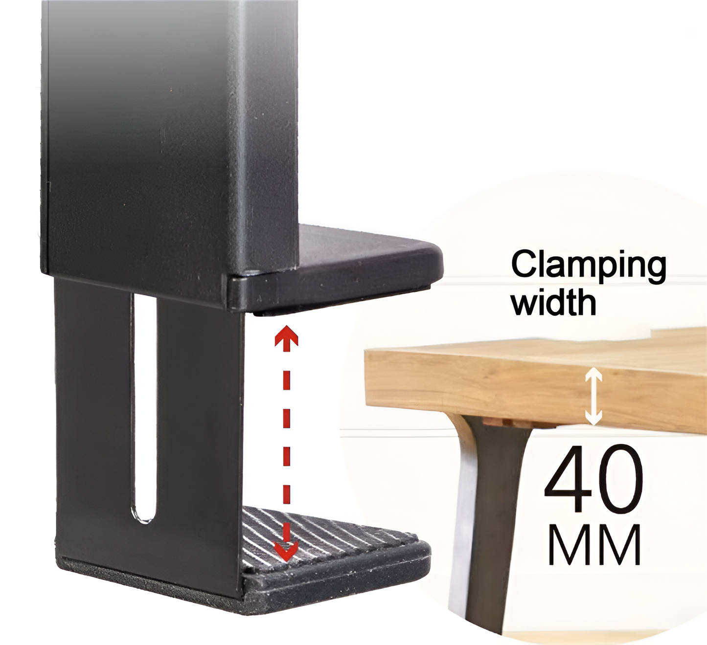 Black clamping device with a wooden table, showing clamping width measurement of 40 mm.