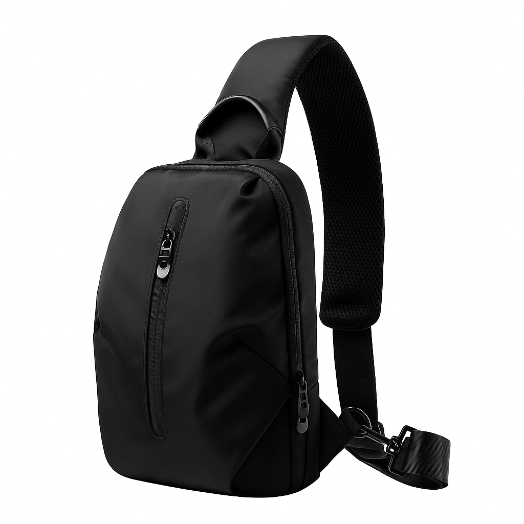 Black sling bag on a white background