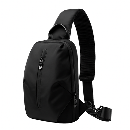 Black sling bag on a white background
