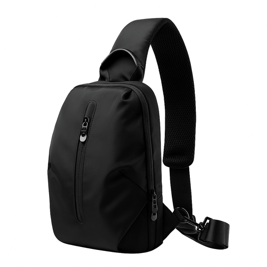 Black sling bag on a white background