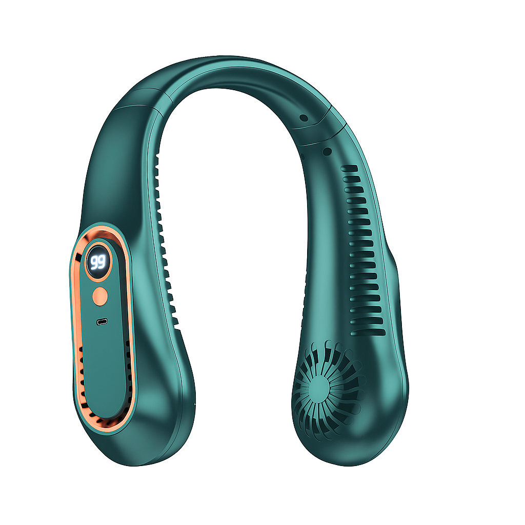 Teal handheld fan with digital display on a white background