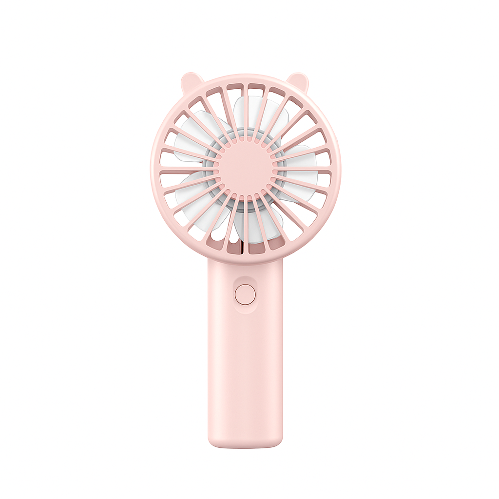 Pink handheld fan on a white background
