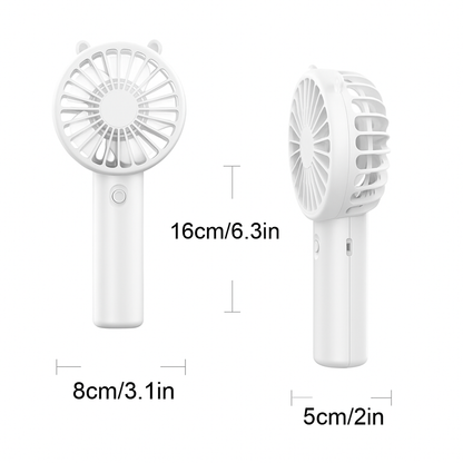 Two white handheld fans with dimensions indicated on a white background