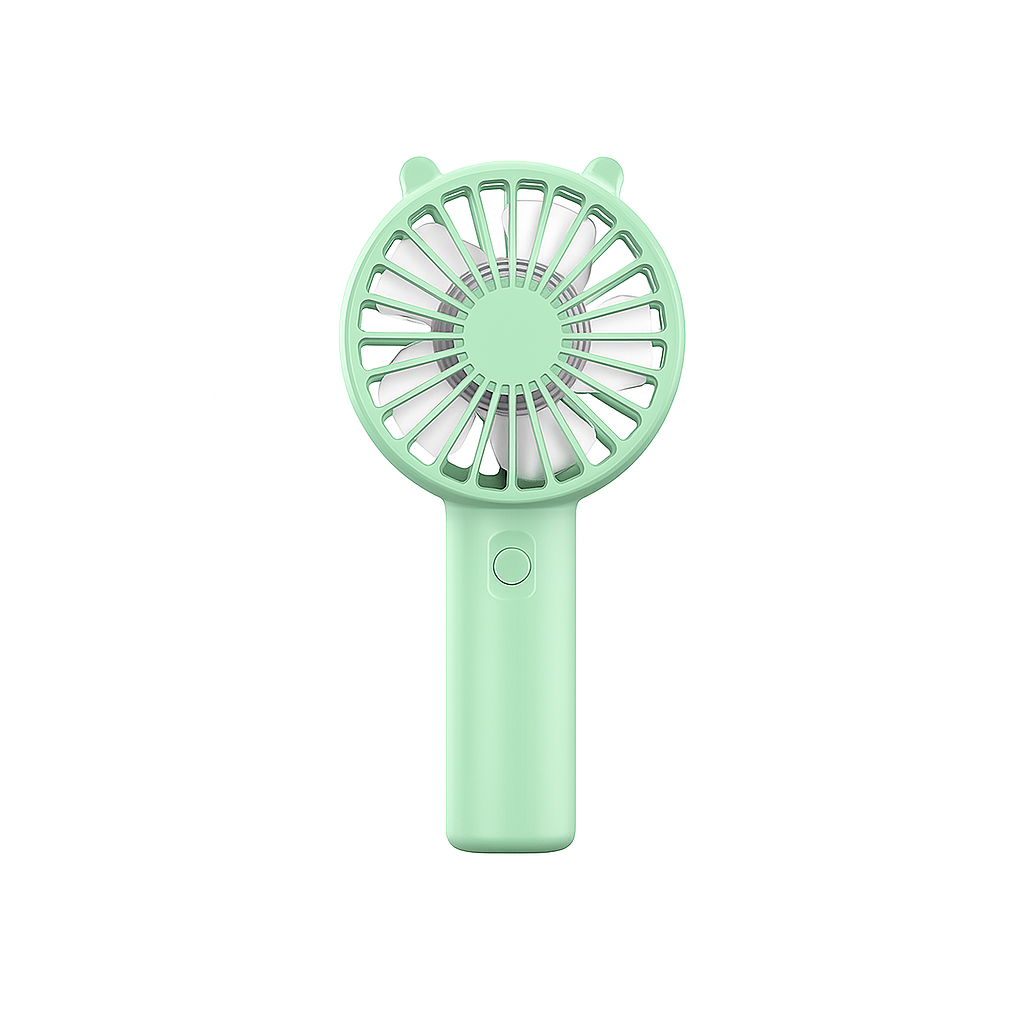 Mint green handheld fan on a white background