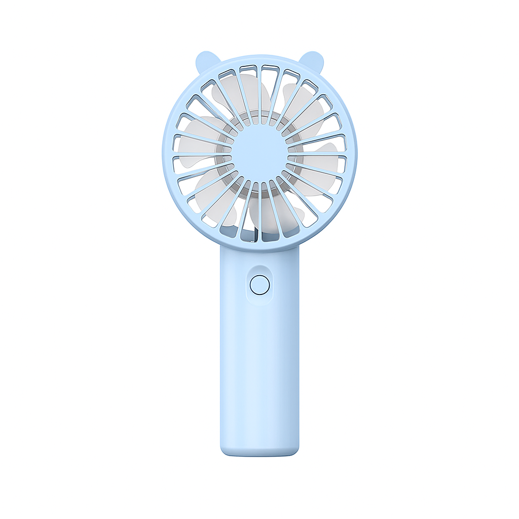 Portable hand fan with blue casing on a white background
