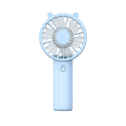 Portable hand fan with blue casing on a white background