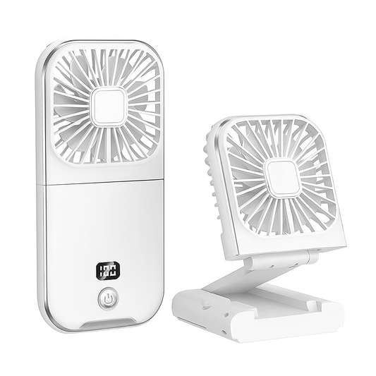 White handheld fan with digital display and power button on a white background