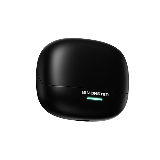 Black wireless earbud case with 'Monster' branding on a white background