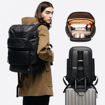 Person wearing a large black backpack with additional views of the backpack and suitcase on a white background.