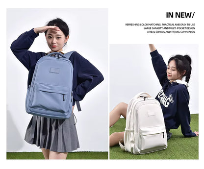 Two images of a person with a blue backpack and a white backpack on a grassy background.