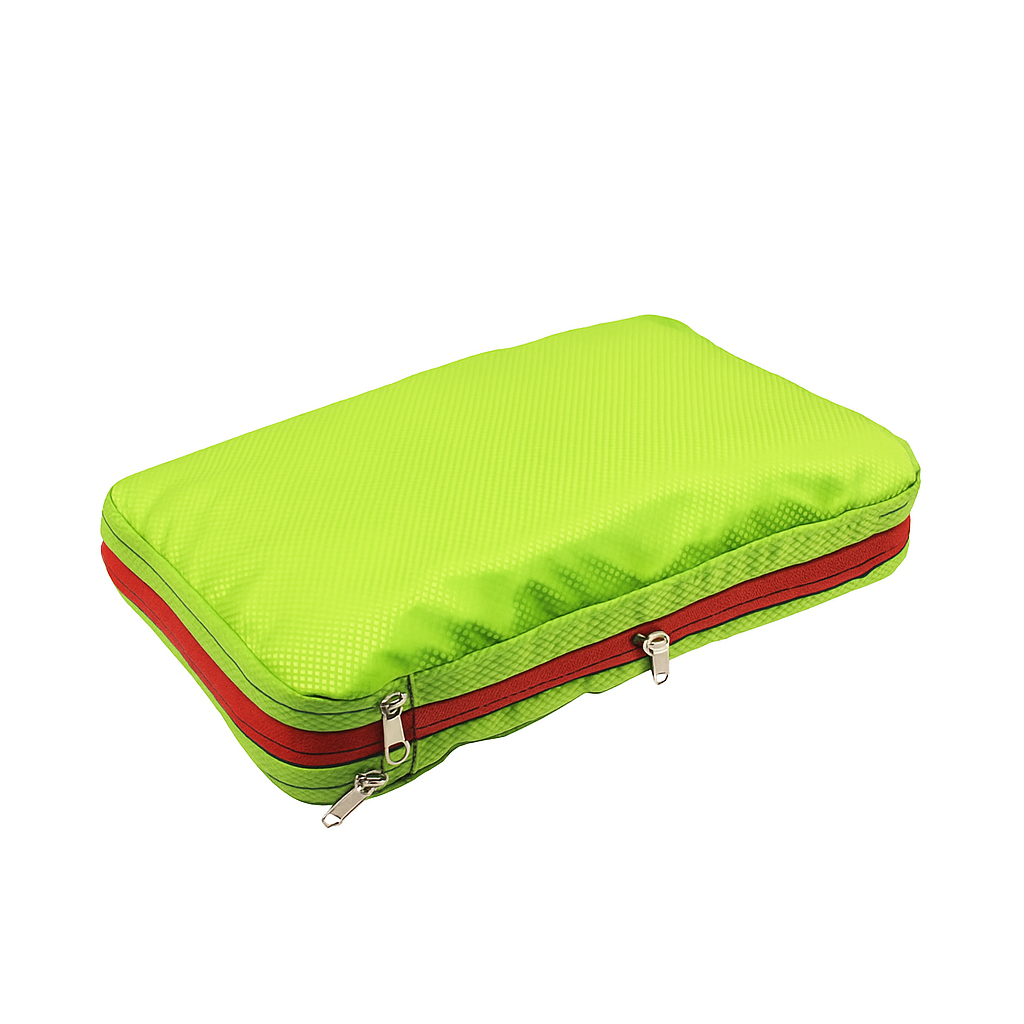 Green and red zippered pouch on a white background