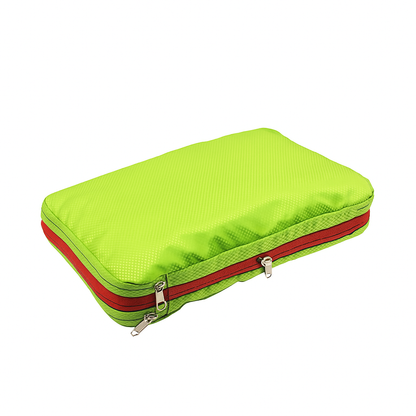 Green and red zippered pouch on a white background