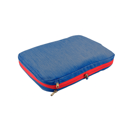Blue and red zippered case on a white background