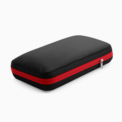 Black and red rectangular case with zipper on a white background