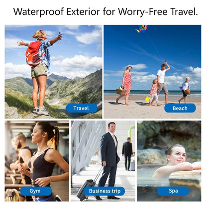 Collage of people in various settings with text about waterproof exterior for travel, beach, gym, business trip, and spa.