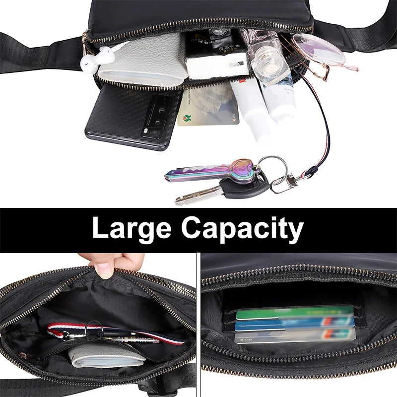 Black crossbody bag with various items inside, labeled 'Large Capacity'.