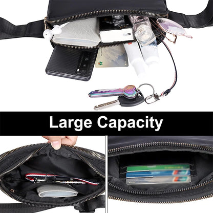 Black crossbody bag with various items inside, labeled 'Large Capacity'.