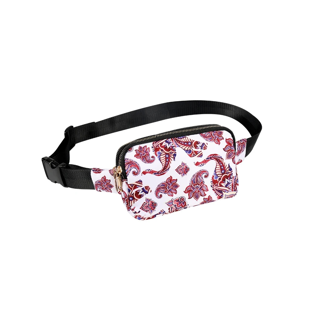 Fanny pack with pink paisley pattern on a white background