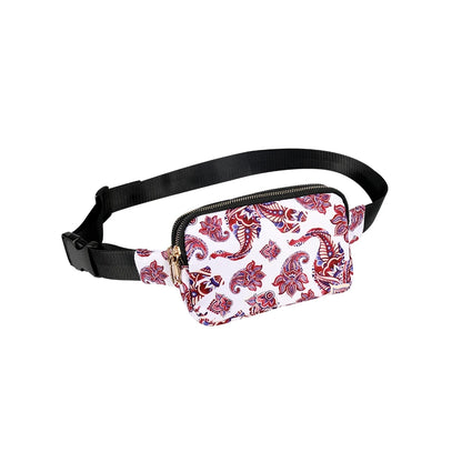 Fanny pack with pink paisley pattern on a white background