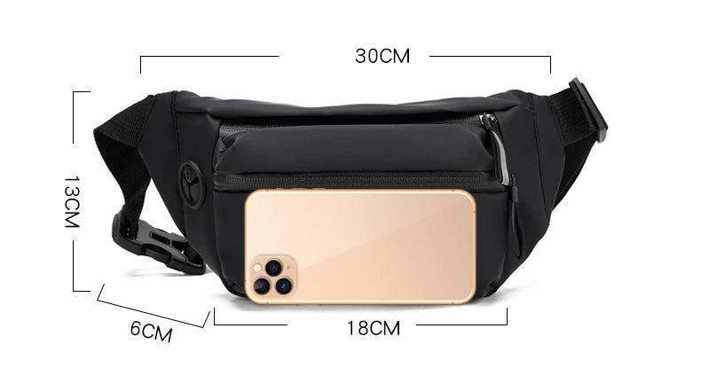 Black waist bag with measurements on a white background