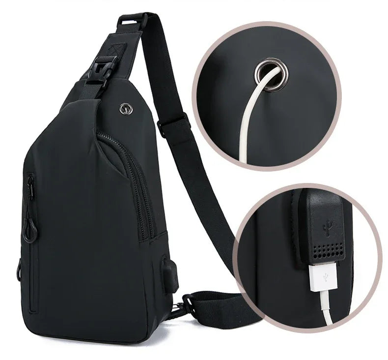Black sling bag with close-up details on a white background