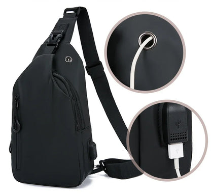Black sling bag with close-up details on a white background