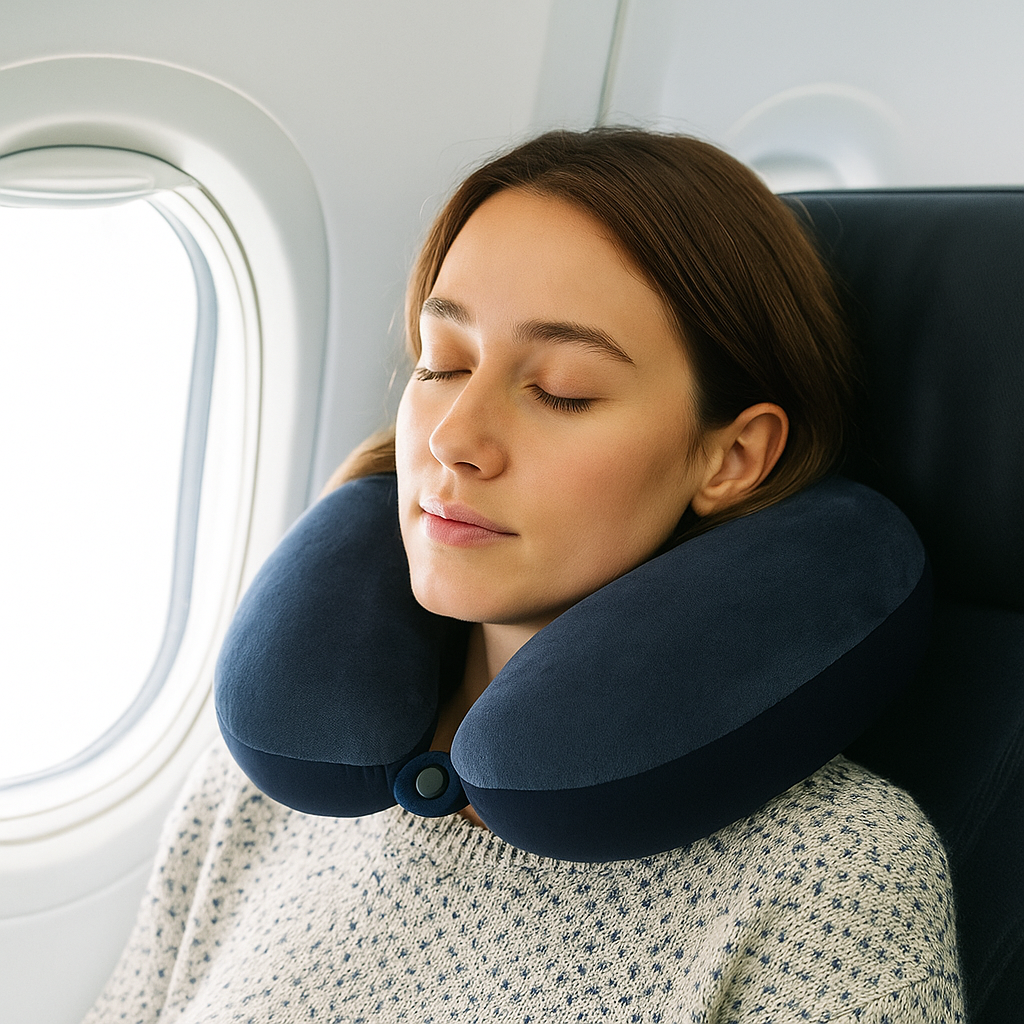 Woman using a travel neck pillow on an airplane