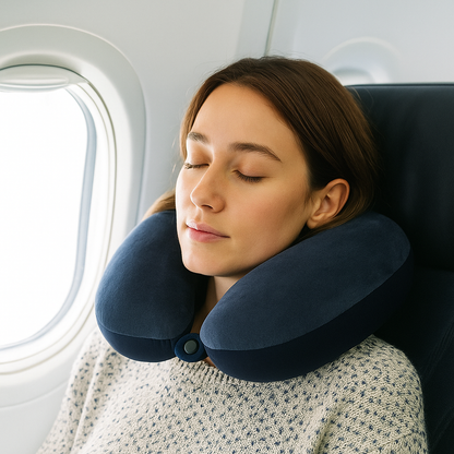 Woman using a travel neck pillow on an airplane