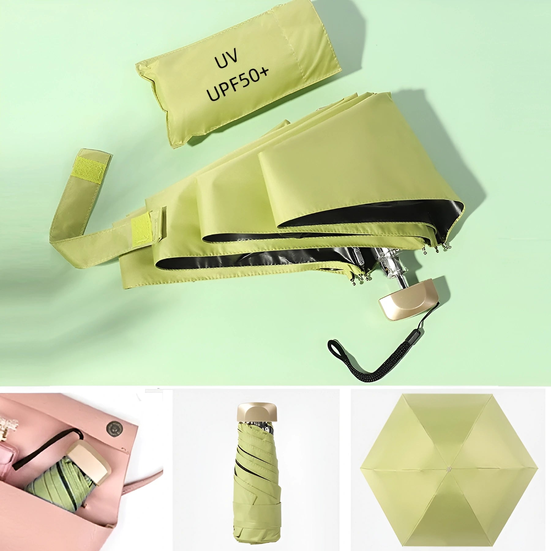 Collage of a green umbrella with UV protection feature on a light green background