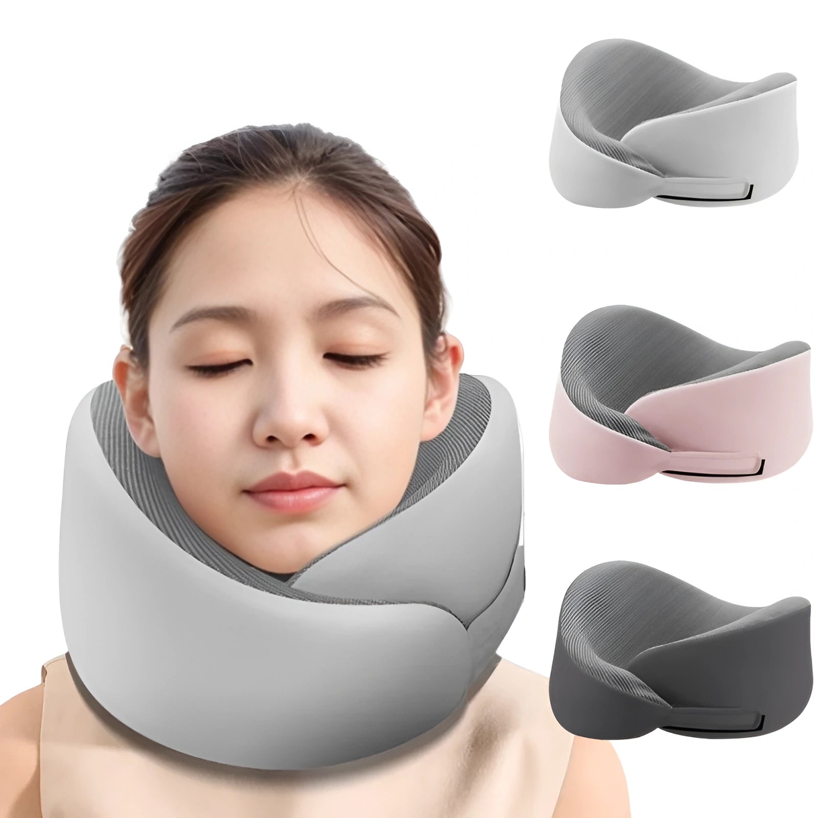 Woman wearing a gray neck pillow with additional neck pillows in different colors displayed around her.