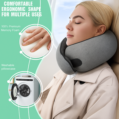 Woman using a travel neck pillow with product features highlighted on a green background