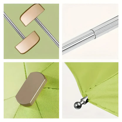 Collage of close-up details of a green umbrella with metal parts on a white background