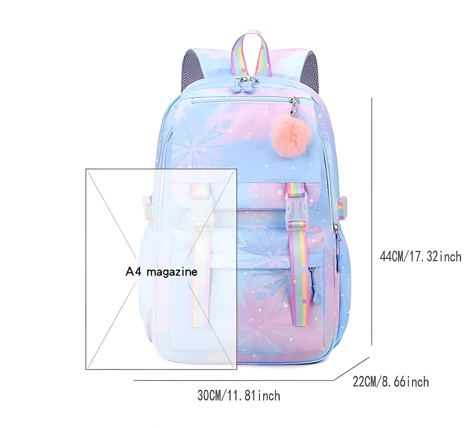 Backpack with colorful design and measurements on a white background