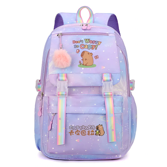 Pastel-colored backpack with cartoon character and text on a white background