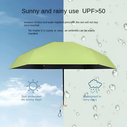 Green umbrella with text about sun and rain protection on a split background of sky and raindrops.
