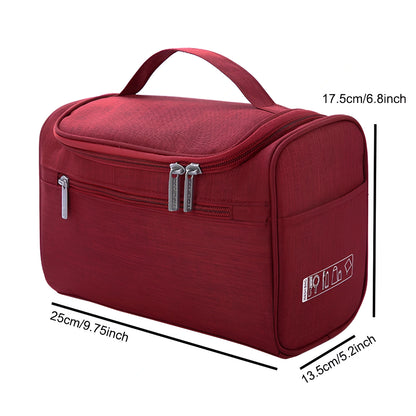 Red toiletry bag with dimensions on a white background