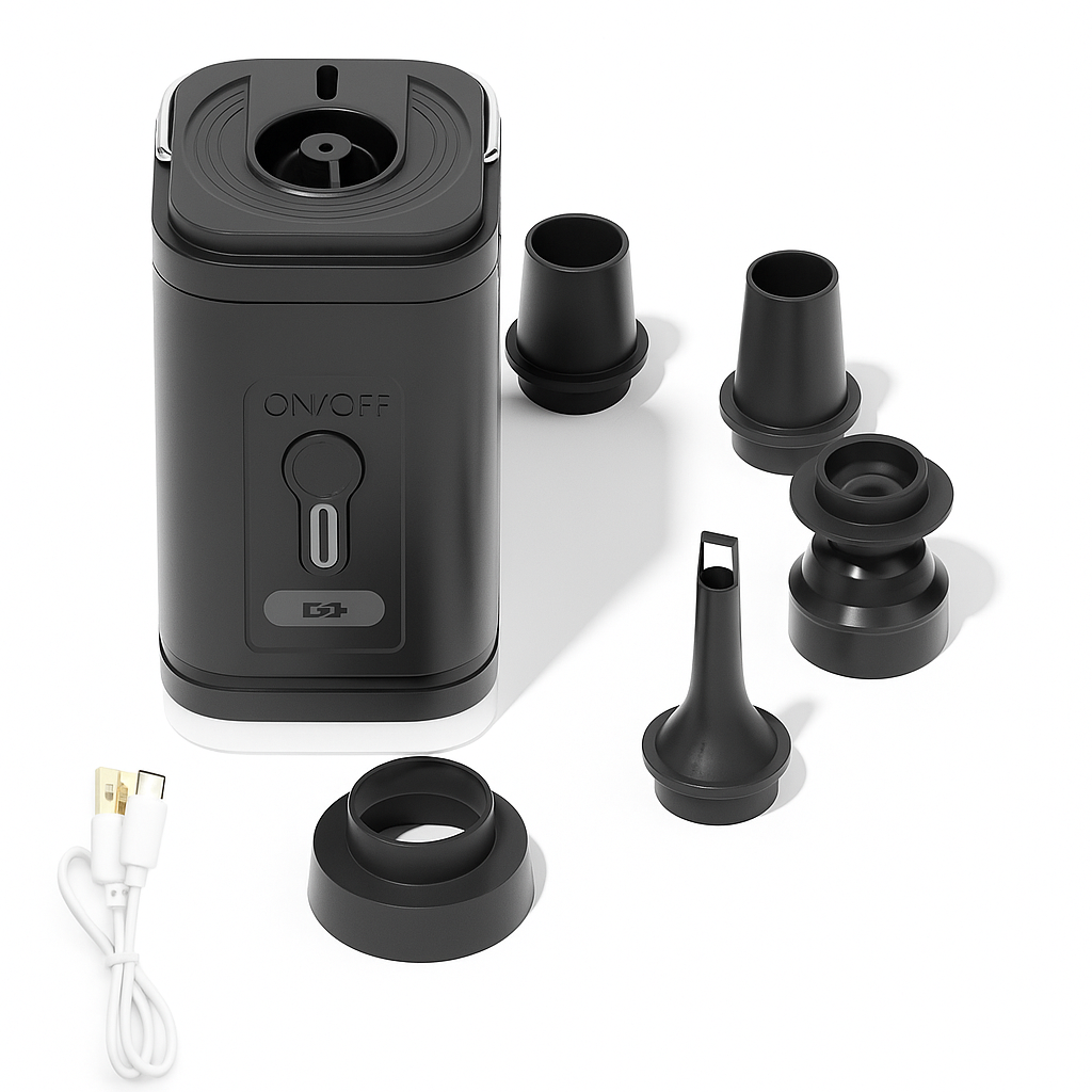 Black electronic device with various attachments on a white background