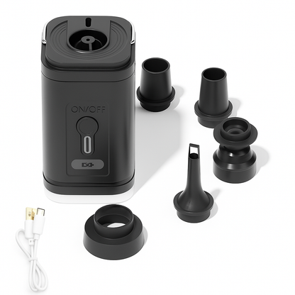 Black electronic device with various attachments on a white background