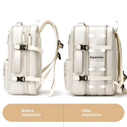 White backpack showing expansion feature with labeled 'Before expansion' and 'After expansion'.