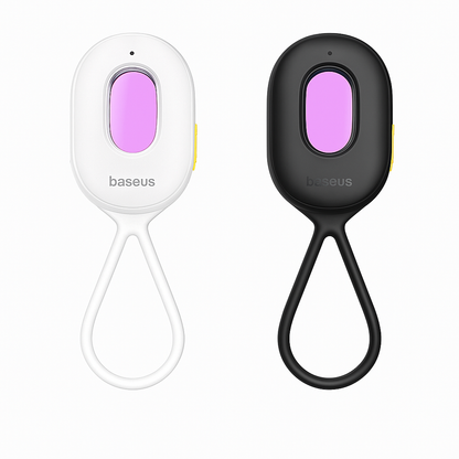 Two keychain devices, one white and one black, with a purple screen and 'baseus' branding on a white background.