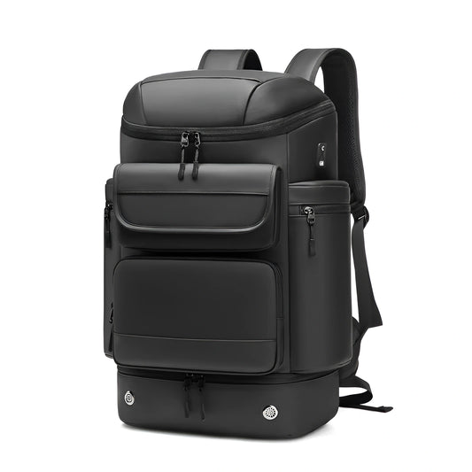 Black backpack with multiple pockets on a white background