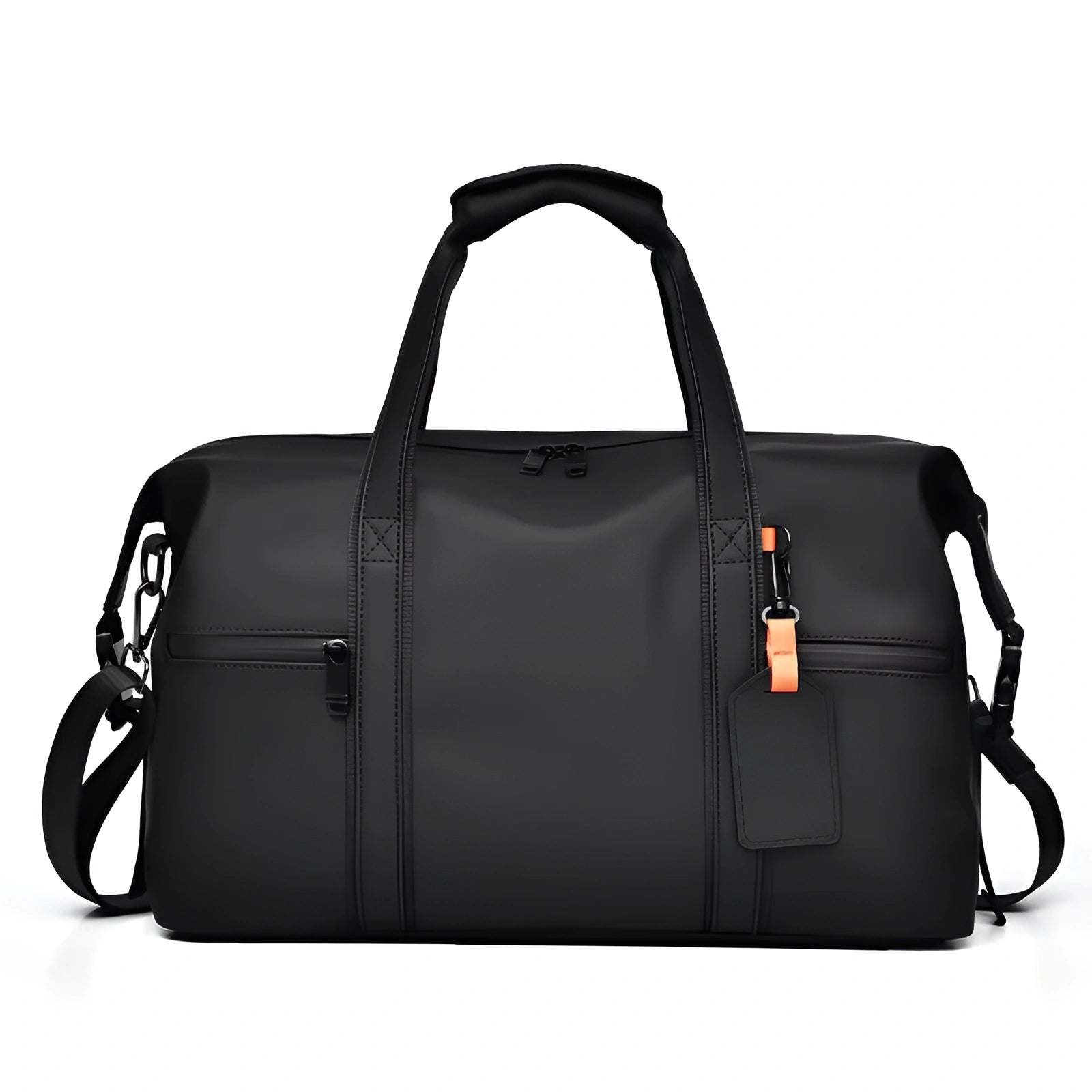 Black travel bag with a shoulder strap on a white background